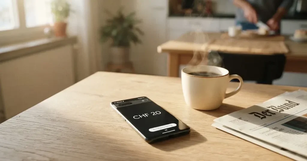Ein Smartphone mit dunklem Display liegt auf einem hellen Holztisch neben einer Kaffeetasse, Morgenlicht fällt schräg durch ein Fenster.