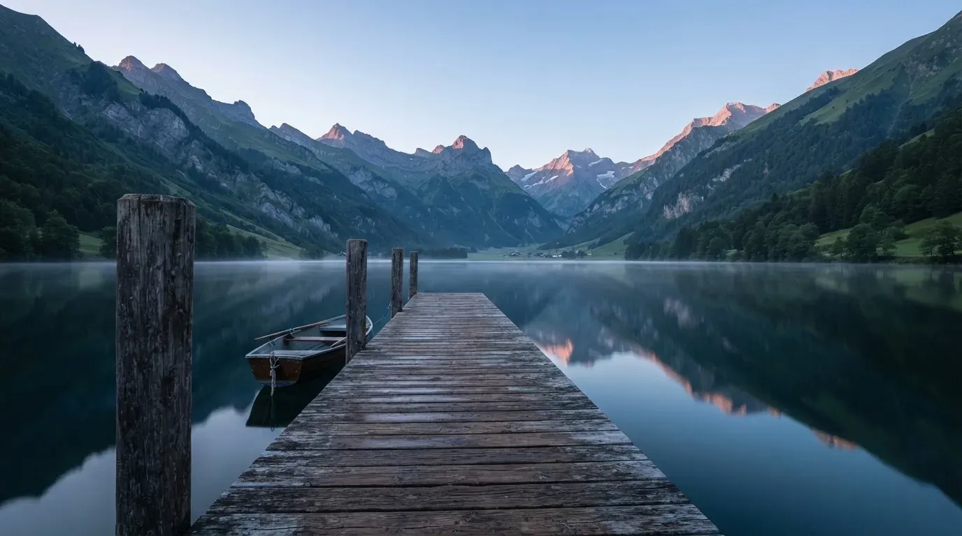 Ein Holzsteg führt über einen stillen Bergsee in den Alpen, über dem Wasser hängen bei Sonnenaufgang einzelne Nebelschwaden.