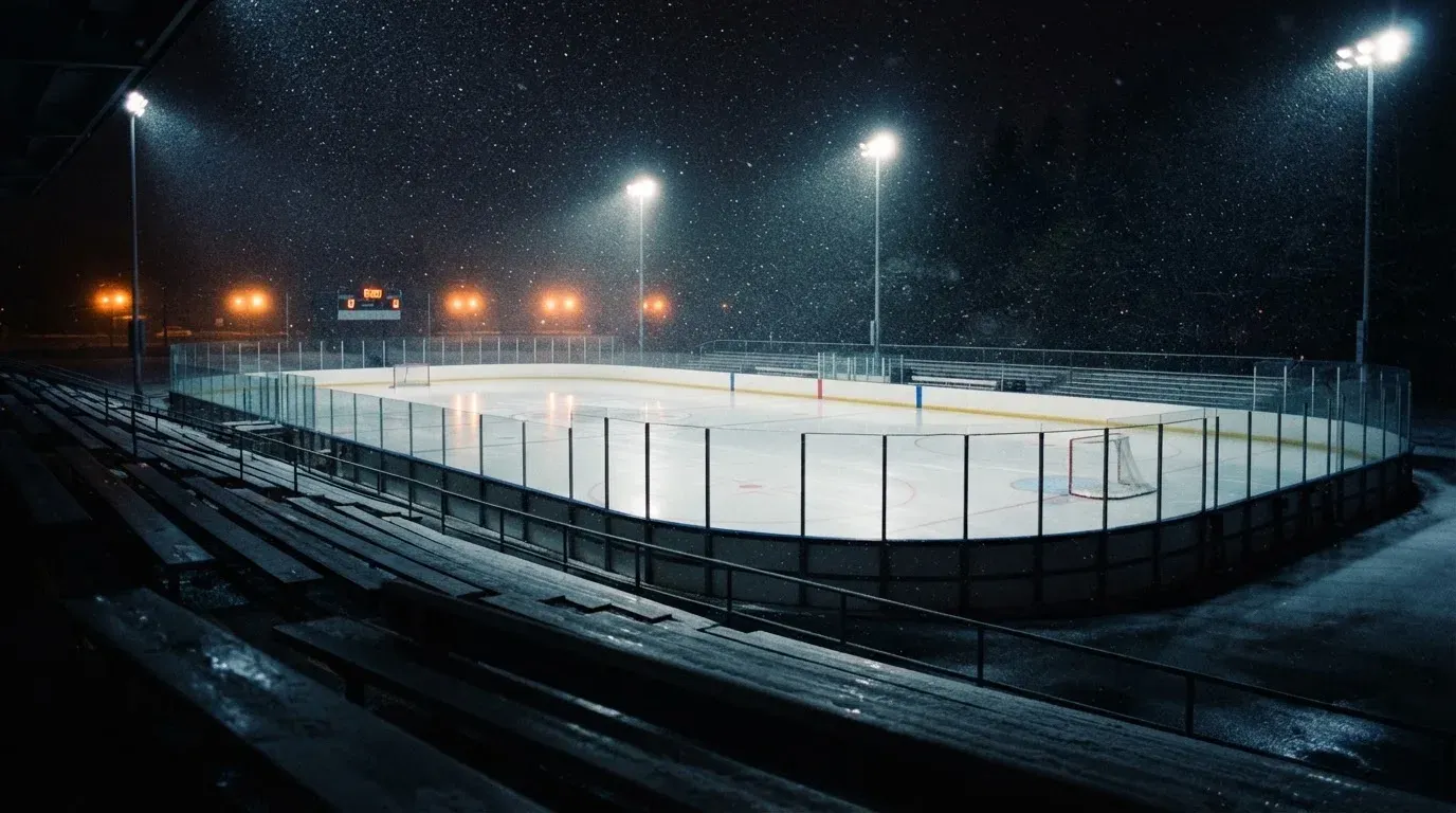 Eine Eishockeybahn liegt unter Flutlicht aus der Ferne betrachtet, leichter Schneefall treibt durch den Lichtkegel über dem Eis.