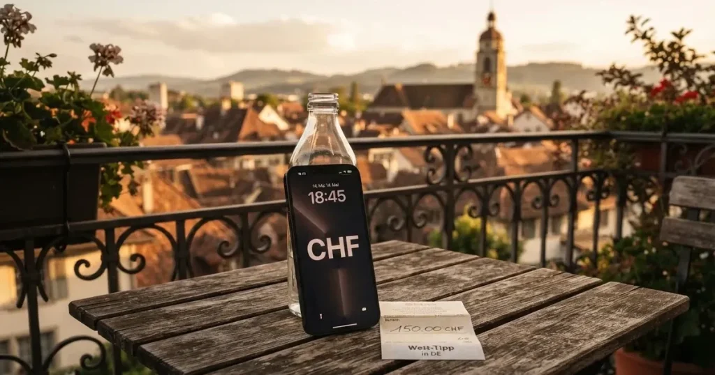 Ein Smartphone mit dunklem Display lehnt an einer Glasflasche auf einem Balkontisch, dahinter liegt eine Altstadt in der Abendsonne.