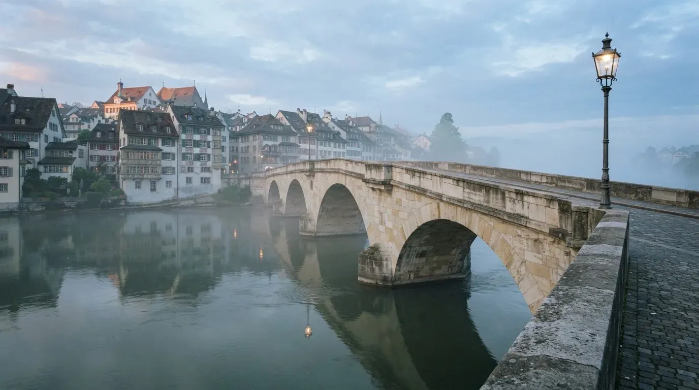 Eine steinerne Bogenbrücke überspannt am frühen Morgen einen Fluss in einer Altstadt, auf dem Wasser liegt dünner Nebel.