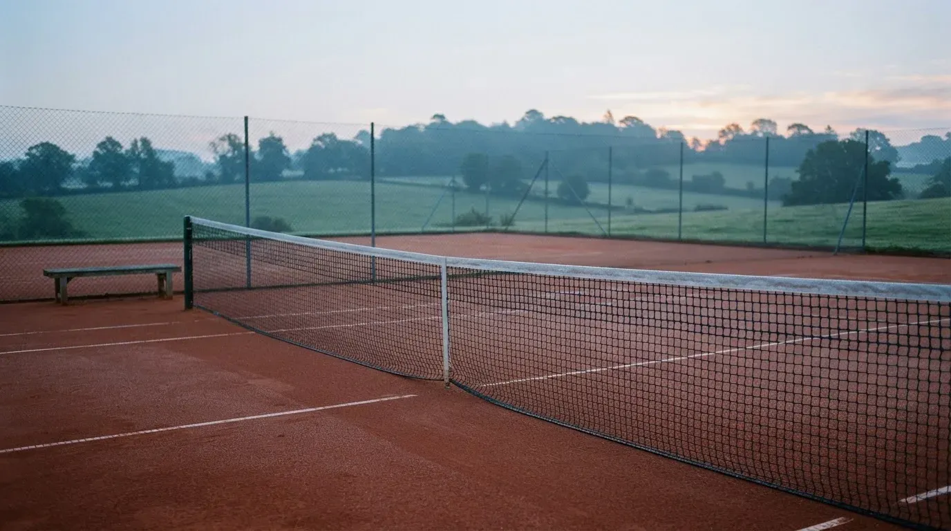Ein Sandplatz für Tennis liegt bei Morgengrauen leer da, Tau glänzt auf dem Netz, hinter dem Zaun steigen Wiesen an.