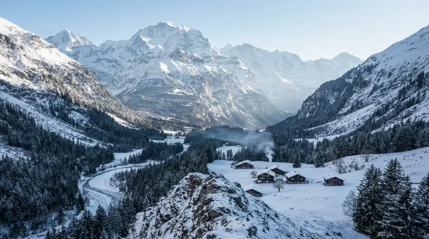 Eine verschneite Bergkette erhebt sich über einem stillen Tal, der Himmel darüber ist klar und von blassem Blau.