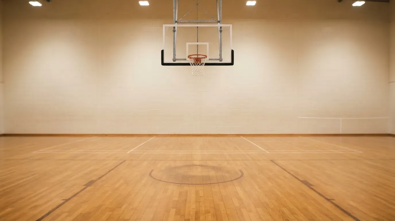 Ein Basketballkorb hängt in einer leeren Halle über einem Holzparkett, von der Decke fällt gleichmässiges Licht auf den Boden.