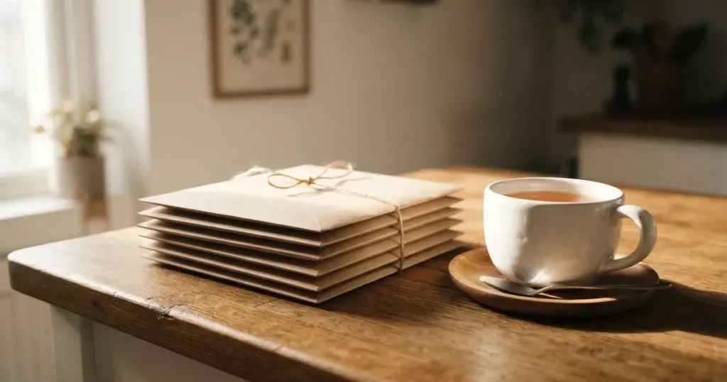 Ein Stapel schlichter Briefumschläge liegt auf einem Küchentisch neben einer Tasse Tee, durch das Fenster fällt Morgenlicht.