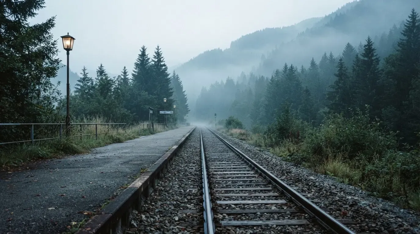 Ein leerer Bahnsteig in den Bergen mit zwei Gleisen, über den Schienen hängt Morgennebel und dahinter ragen dunkle Tannen auf.