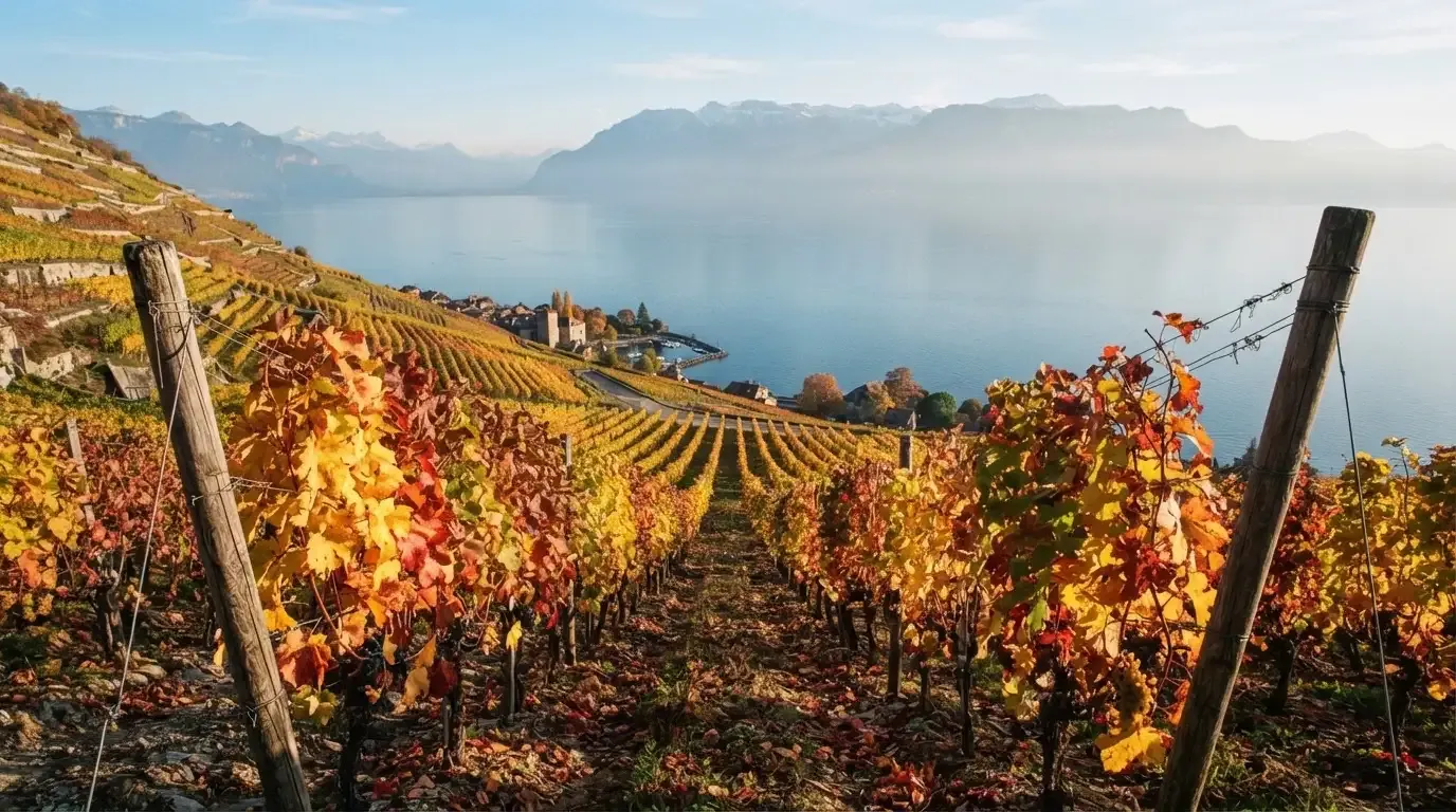 Rebzeilen ziehen sich im Herbstlicht einen Hang über einem See hinunter, die Blätter leuchten gelb und rot.