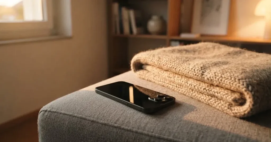 Ein Smartphone mit dunklem Display liegt auf der Lehne eines Sofas neben einer Wolldecke, warmes Abendlicht fällt ins Zimmer.