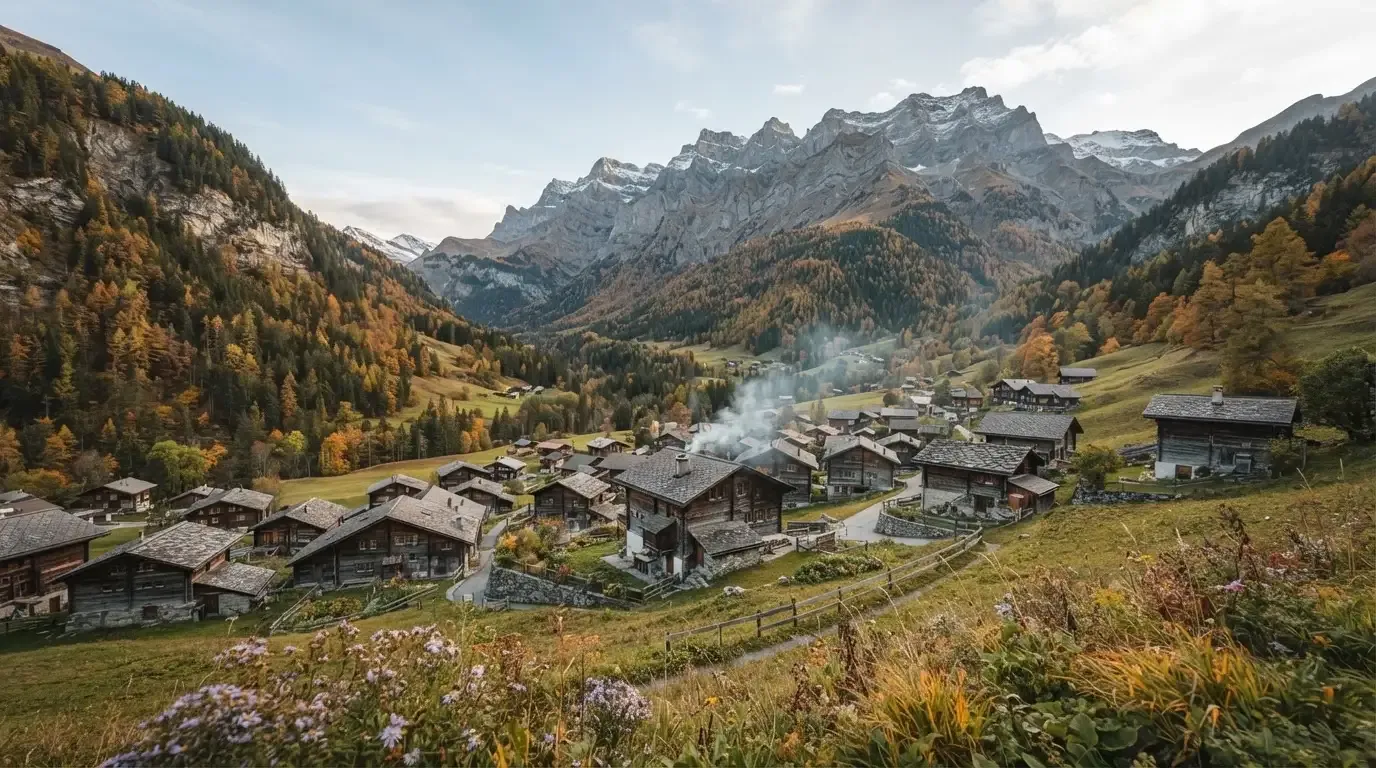 Ein kleines Dorf mit Holzhäusern liegt im Herbst in einem Tal, darüber ragen bewaldete Hänge und ein Bergkamm auf.