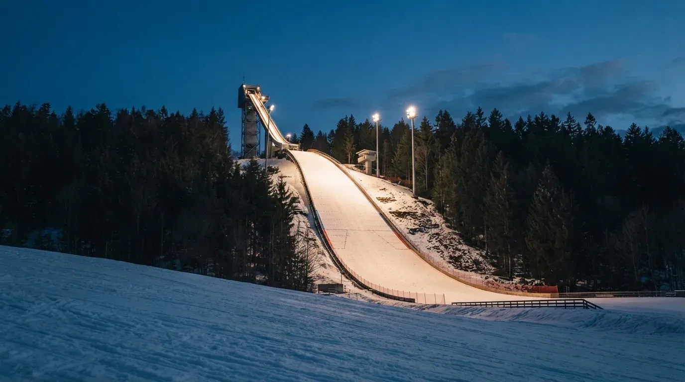 Eine Skisprungschanze steht am Abend im Flutlicht, aus der Ferne betrachtet, umgeben von dunklem Tannenwald und leichtem Schnee.