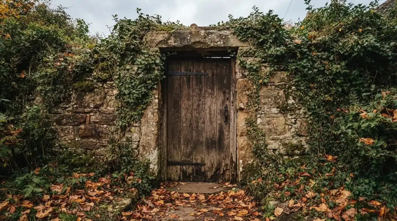 Eine geschlossene Holztür sitzt in einer alten Steinmauer, die Mauer ist von Efeu überwachsen, davor liegt Herbstlaub.