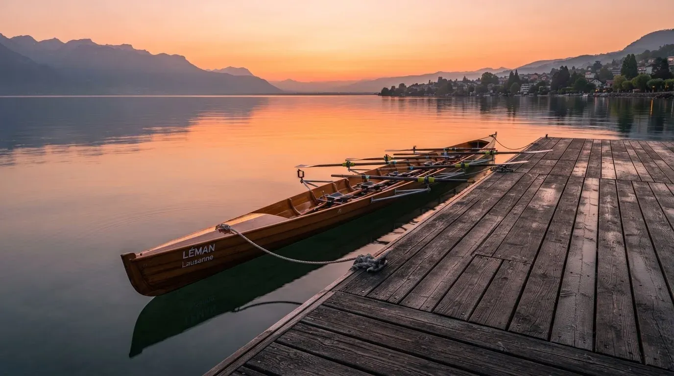 Ein leerer Ruder-Achter liegt bei Sonnenaufgang am Steg eines Sees, das Wasser ist spiegelglatt und der Himmel orange.