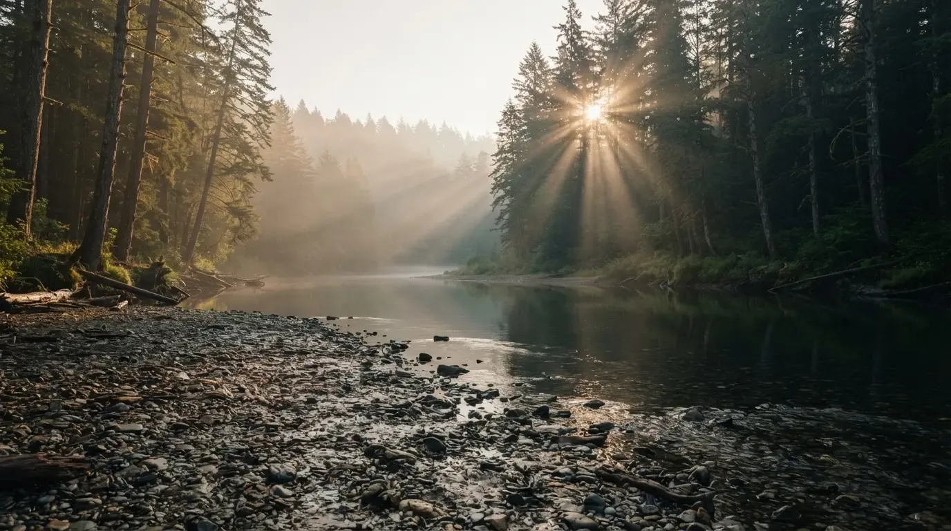 Ein Fluss mit breiter Kiesbank fliesst durch einen Wald, über dem Wasser hängt früher Nebel und Sonnenstrahlen brechen durch.