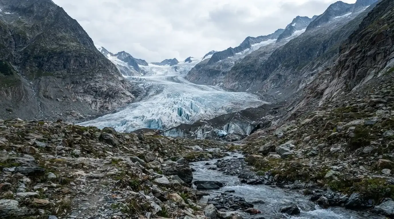Ein Gletscher schiebt sich zwischen steile Felswände, im Vordergrund liegen Geröll und ein schmaler Bach in kaltem Licht.