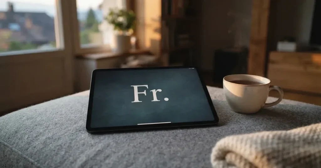 Ein Tablet mit schwarzem Display liegt auf einem Sofakissen, daneben ein Becher mit Tee, vom Fenster her fällt Abendlicht.