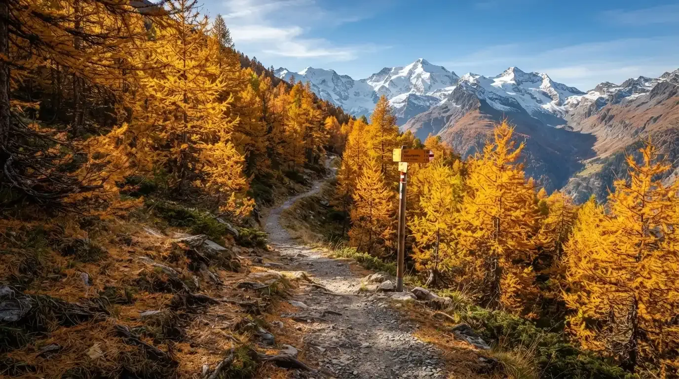 Ein Wanderweg schlängelt sich durch einen goldgelben Lärchenwald, in der Ferne sind schneebedeckte Berge zu sehen.