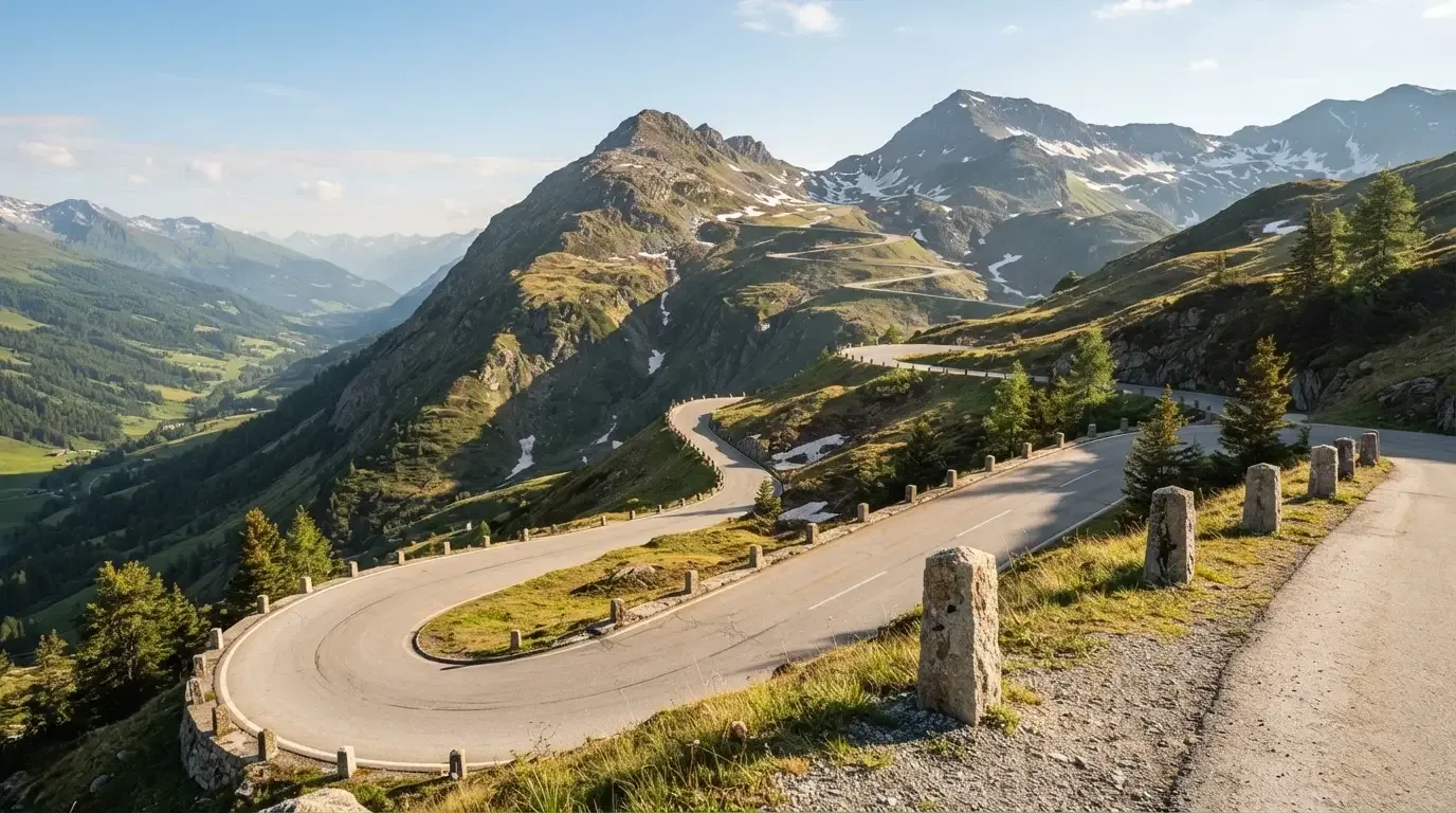 Eine leere Passstrasse mit Serpentinen windet sich im Morgenlicht einen Berg hinauf, am Rand stehen niedrige Steinpfosten.
