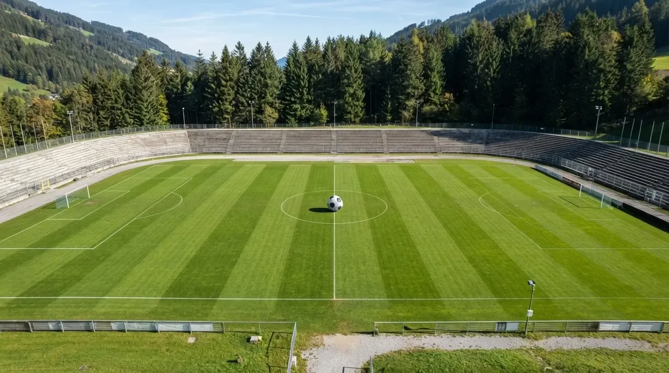 Ein Rasenplatz mit Spielfeldlinien ist von oben gesehen, ein einzelner Ball liegt in der Mitte, rundherum stehen leere Tribünen und Tannenwald.