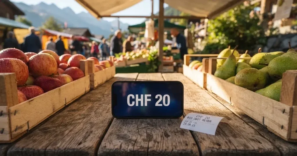 Ein Smartphone mit dunklem Display liegt auf dem Holztisch eines Marktstands zwischen Äpfeln und Birnen, morgendliches Licht fällt durch eine Plane.