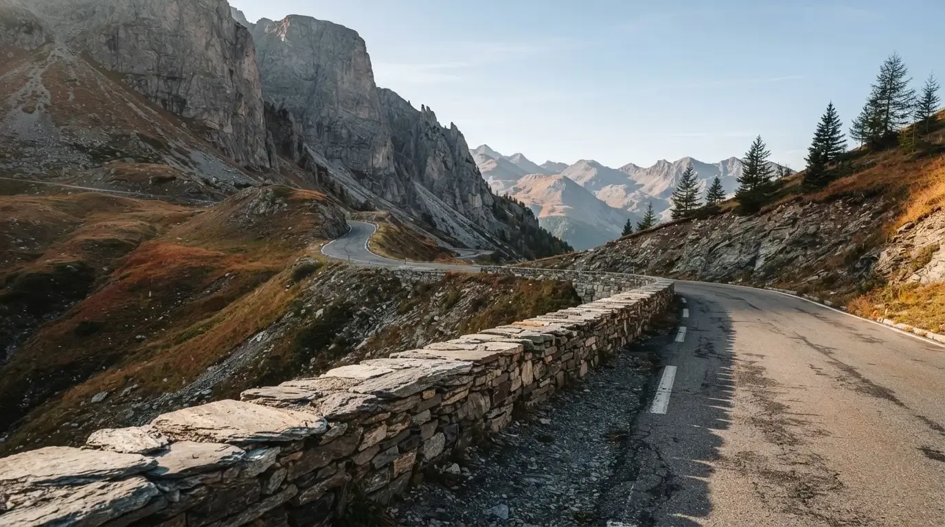 Eine Passstrasse im Hochgebirge säumt eine niedrige Steinmauer, dahinter ragen Felswände auf und der Herbsthimmel ist klar.