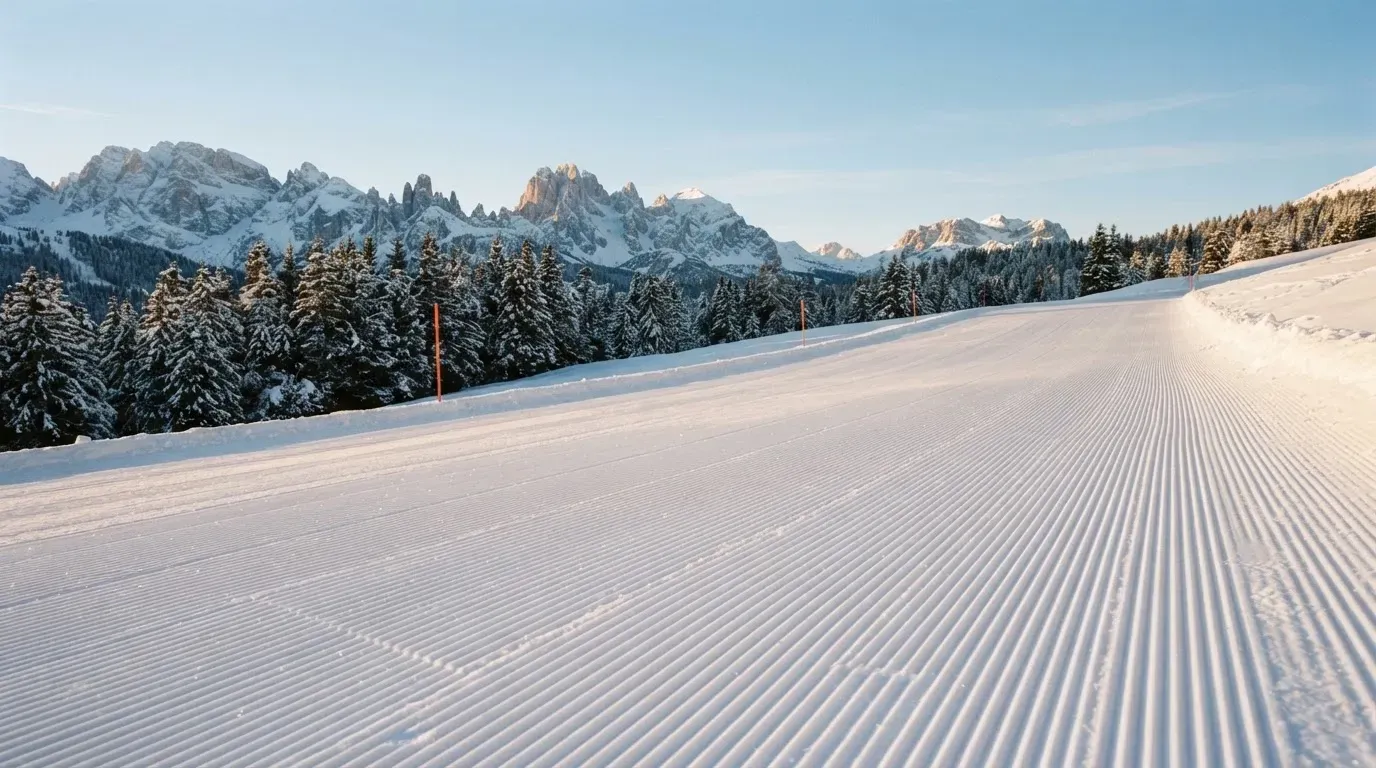 Eine frisch präparierte Skipiste liegt im Morgenlicht leer da, am Rand stehen verschneite Tannen und im Hintergrund Gipfel.