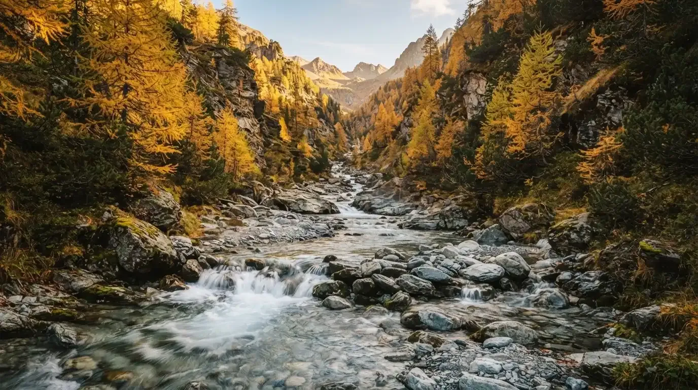 Ein Bergbach fliesst über glatte Steine durch ein enges Tal, an den Hängen leuchten Lärchen in gelbem Herbstlicht.