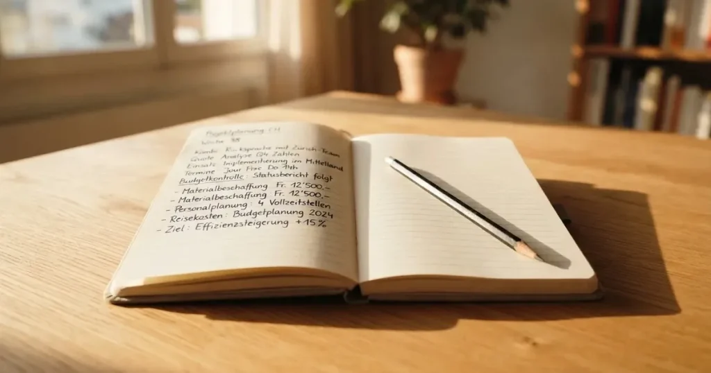 Ein aufgeschlagenes Notizbuch mit handschriftlichen Notizen und ein gespitzter Bleistift liegen auf einem hellen Holztisch im Morgenlicht.