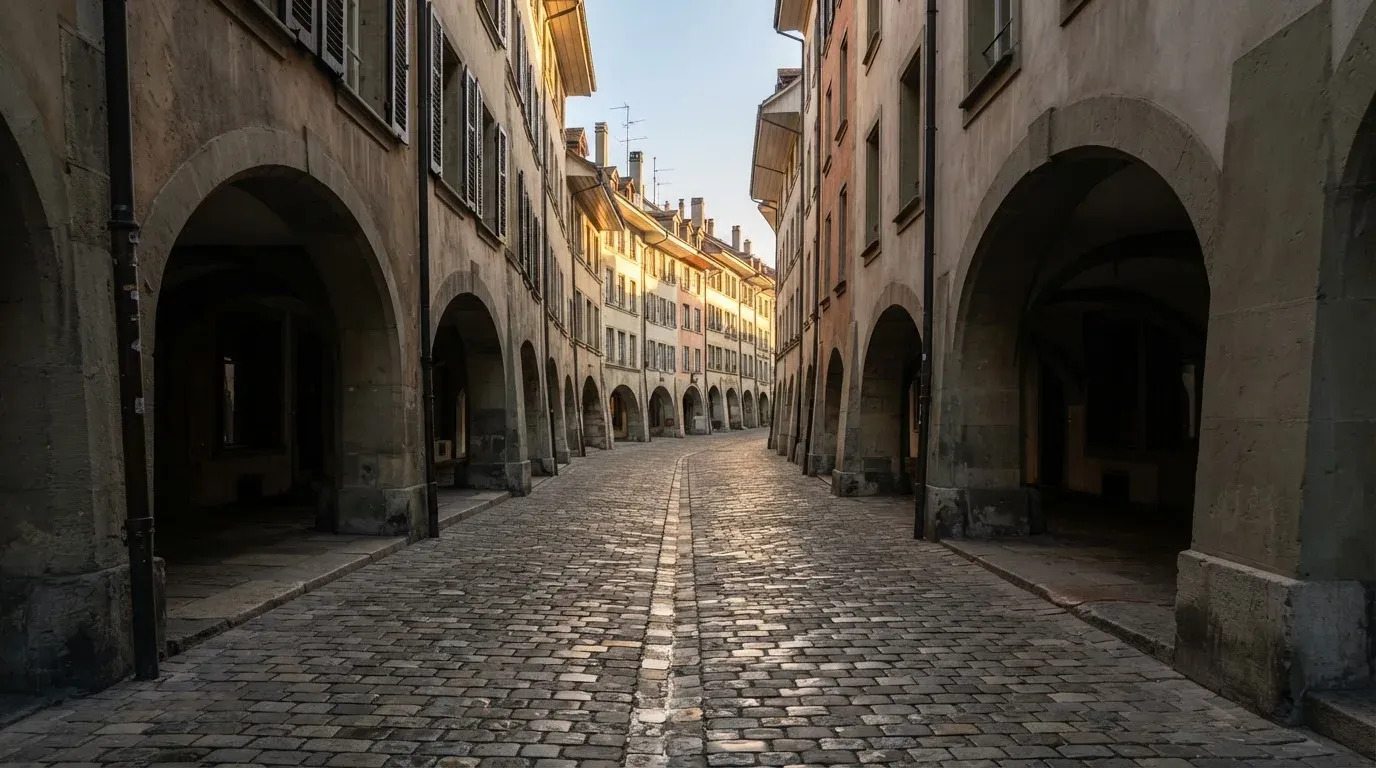 Eine kopfsteingepflasterte Gasse mit Arkaden in einer Schweizer Altstadt im frühen Morgenlicht, niemand ist unterwegs.