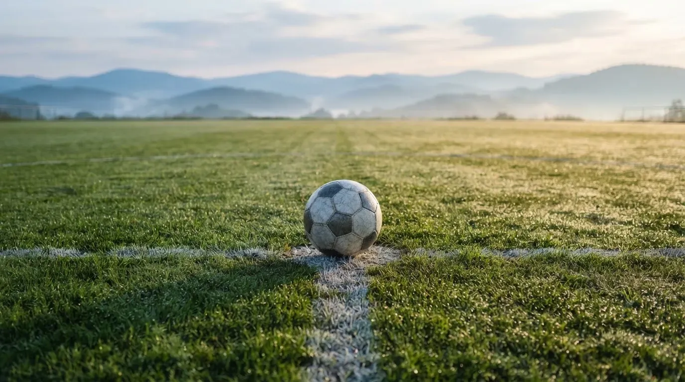 Ein Fussball liegt am frühen Morgen auf dem Anstosspunkt eines taunassen Rasens, im Hintergrund erheben sich Hügel im Dunst.