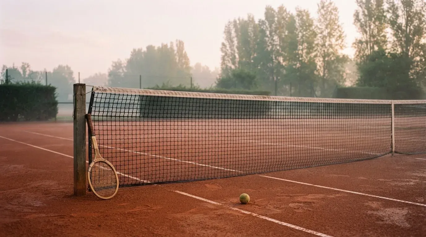 Ein Tennisplatz im Morgengrauen mit gespanntem Netz und feinem Dunst über der roten Asche.