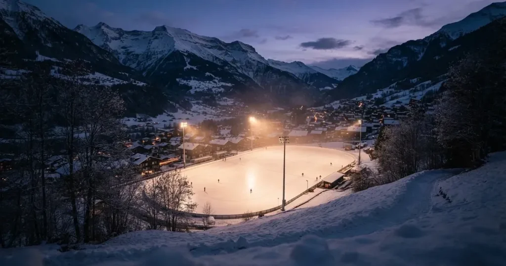 Eine Eisfläche unter Flutlicht in der Winterdämmerung, aus grosser Distanz von einem verschneiten Hang aus gesehen.