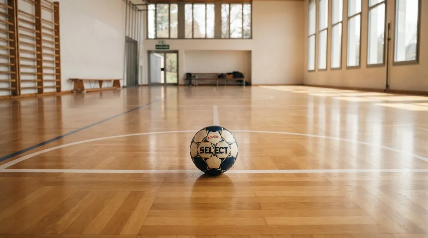Der Boden einer Sporthalle aus poliertem Parkett mit einem einzelnen Handball in der Mitte, Licht fällt durch hohe Fenster.