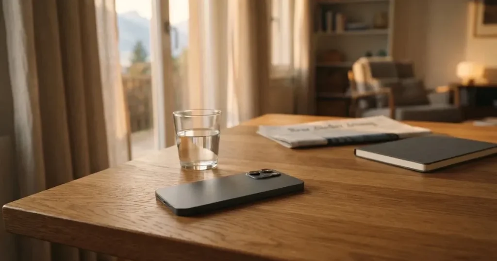 Ein Smartphone liegt mit dem Display nach unten auf einem Holztisch neben einem Wasserglas.