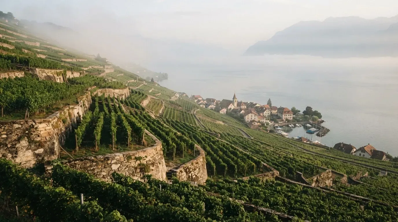 Terrassierte Weinberge über einem See im Morgendunst, am Ufer liegt ein kleines Dorf.
