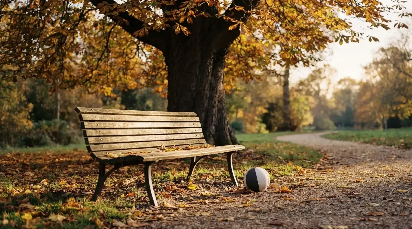 Eine Parkbank unter einer Kastanie im Herbst, auf dem Kiesweg liegen gelbe Blätter.