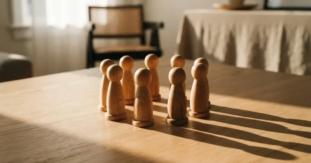 Acht gleiche Holzfiguren stehen in einem Kreis auf einem hellen Tisch im Seitenlicht.