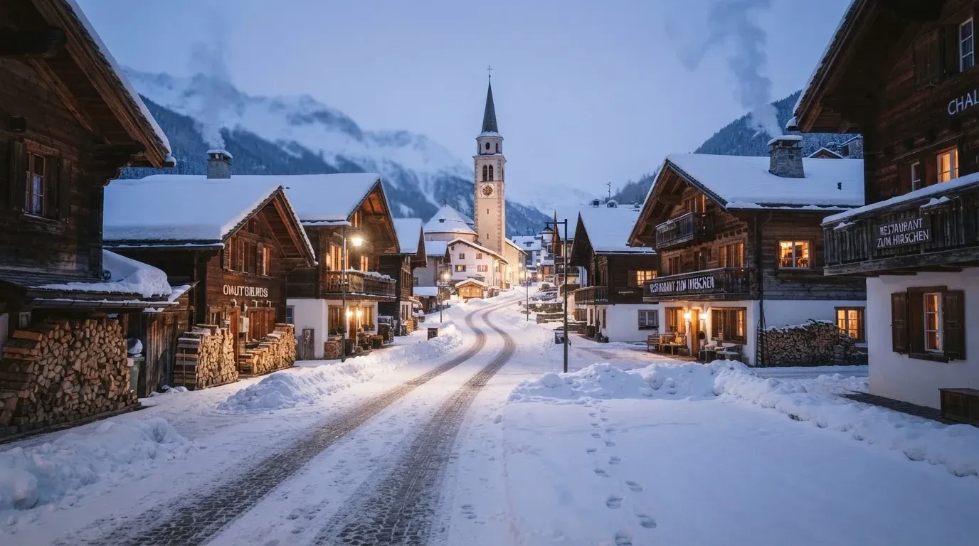 Eine verschneite Dorfstrasse mit Kirchturm im Hintergrund, Rauch steigt aus den Kaminen.