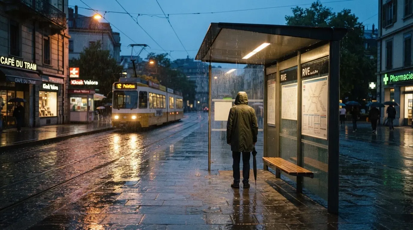 Eine Tramhaltestelle in einer Schweizer Stadt bei Regen, nasses Pflaster spiegelt das Licht.