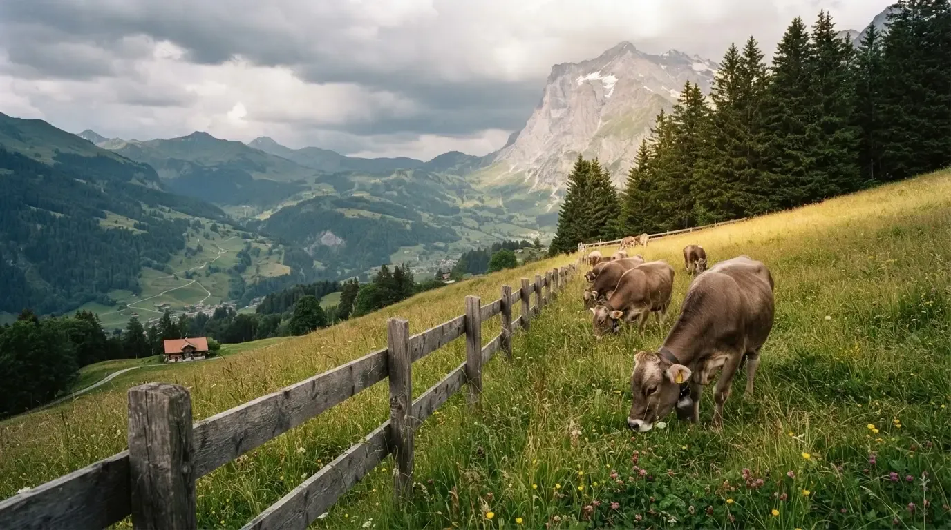 Eine Alpwiese mit weidenden Kühen und einem Holzzaun unter wolkigem Himmel.