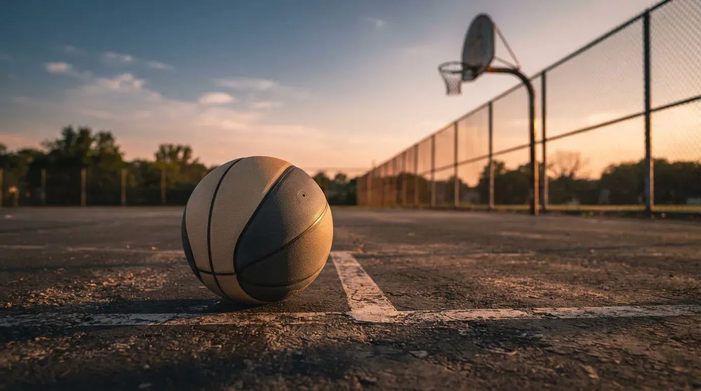 Ein Basketball liegt bei Sonnenuntergang auf einem leeren Aussenplatz, lange Schatten fallen über den Boden.