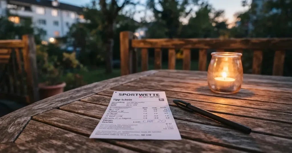 Ein leeres Wettschein-Papier und ein Kugelschreiber liegen auf einem Gartentisch auf einer Terrasse, daneben steht ein Windlicht.