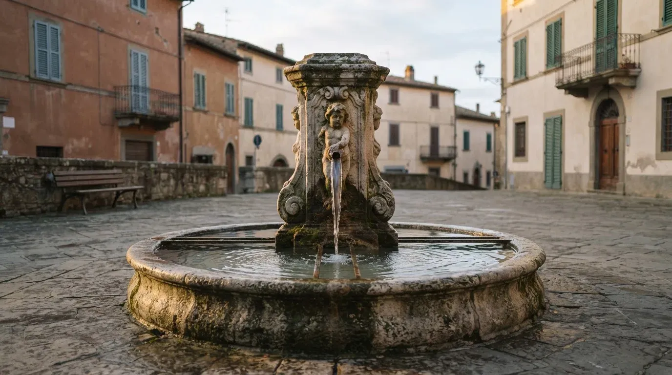 Ein Steinbrunnen auf einem stillen Dorfplatz im ersten Morgenlicht, Wasser fliesst ruhig in das Becken.
