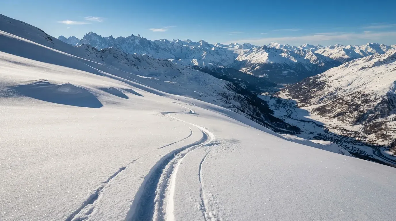 Skispuren im frischen Schnee an einem sonnigen Hang vor blauem Himmel.