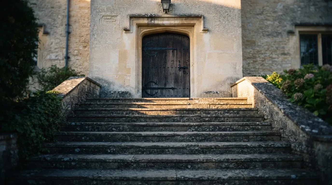 Eine Steintreppe führt zu einer schweren Eichentür in einer hellen Fassade, die Stufen liegen im Morgenschatten.
