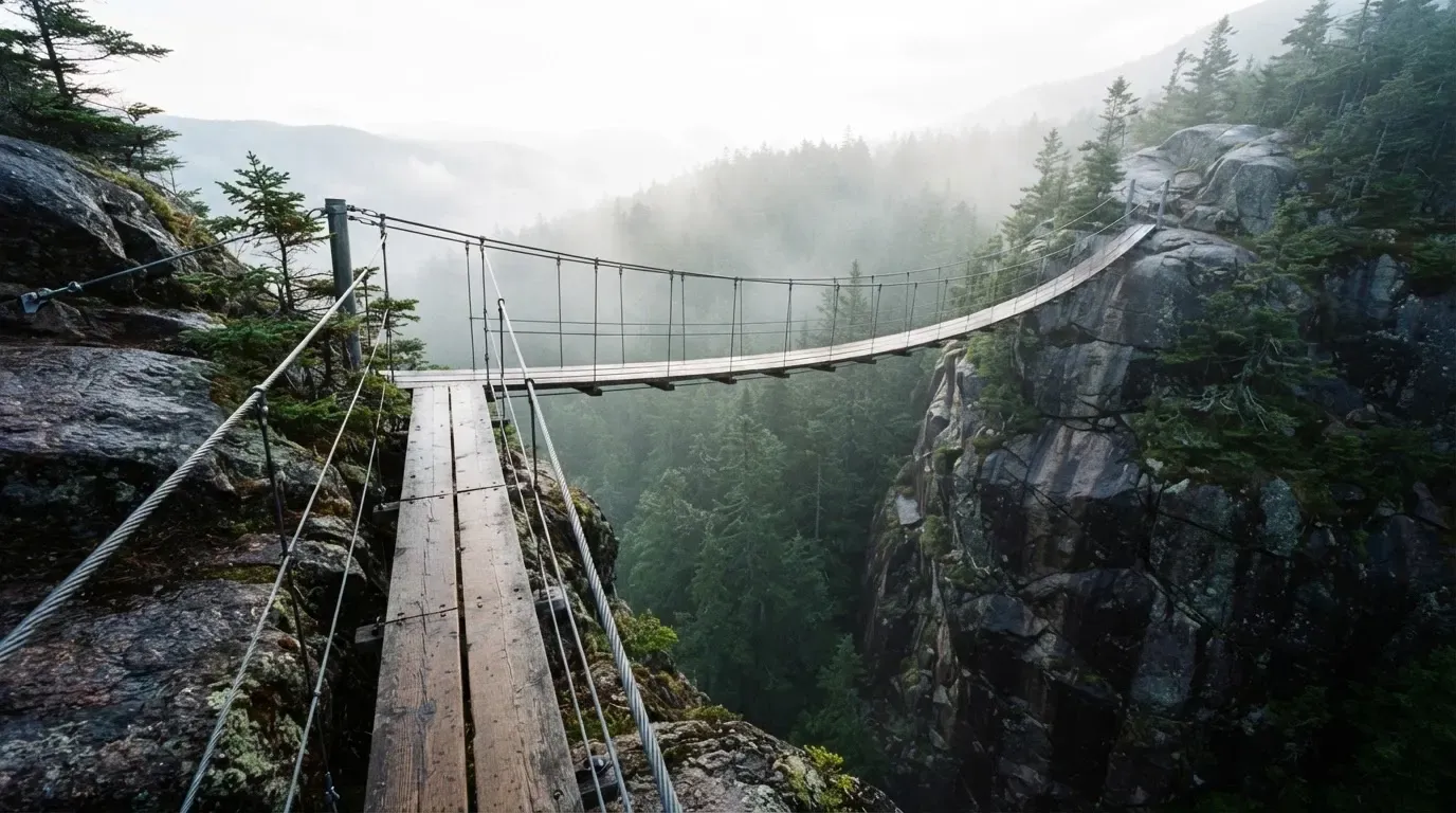 Eine Hängebrücke über eine tiefe Schlucht, aus dem Wald darunter steigt Nebel auf.