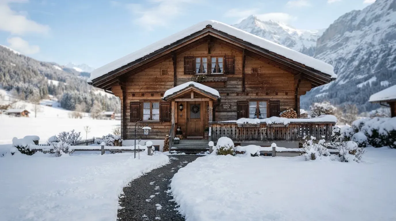 Ein Holzchalet mit Schnee auf dem Dach im klaren Sonnenlicht, davor ein geräumter Weg.