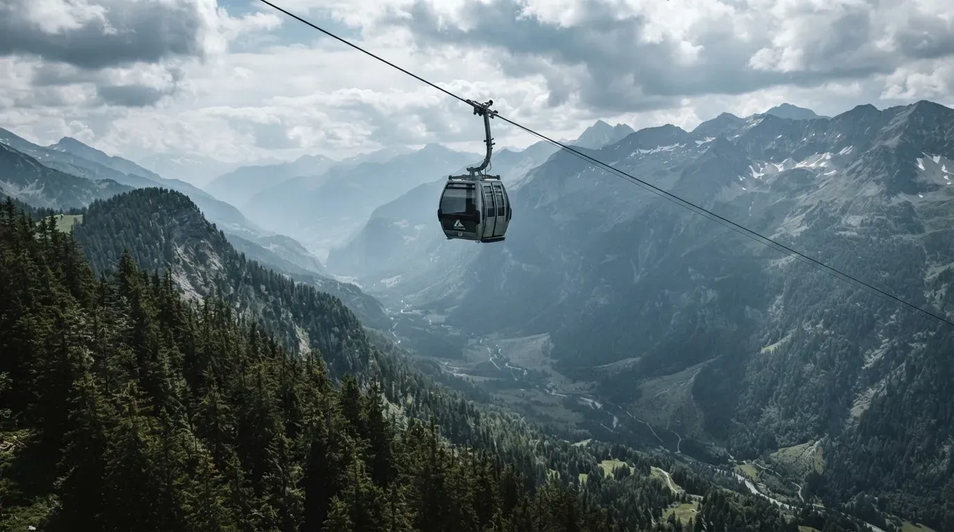 Eine Gondel einer Seilbahn schwebt über einem Tal mit Nadelwald, dahinter ziehen Wolken auf.