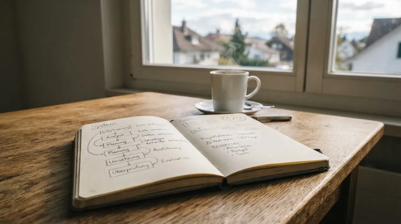 Ein aufgeschlagenes Notizbuch mit handschriftlichen Pfeilen und Kästchen liegt neben einer Kaffeetasse auf einem Schreibtisch am Fenster.
