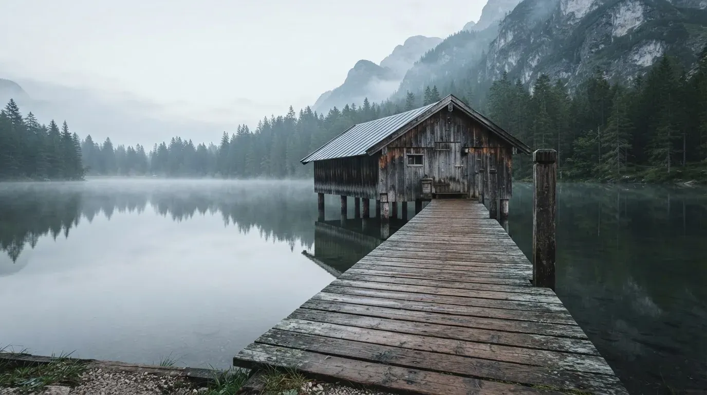 Ein Holzsteg führt über einen ruhigen Bergsee zu einem kleinen Bootshaus, über dem Wasser hängt Morgennebel.