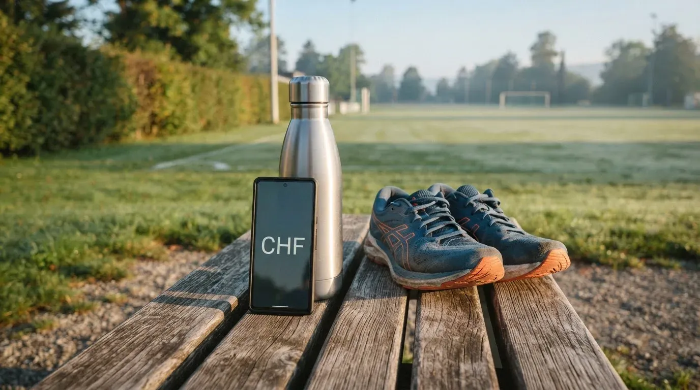 Ein Smartphone mit dunklem Bildschirm lehnt an einer Wasserflasche, daneben stehen Laufschuhe auf einer Bank am Sportplatz.